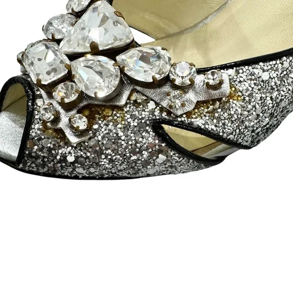 MIU MIU 2006 RUNWAY SILVER GLITTER STILETTO SANDALS w/CRYSTAL EMBELLISHMENTS